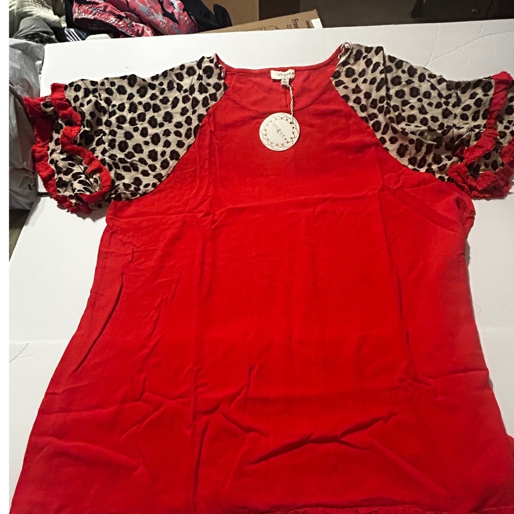 Umgee USA Red Linen Blend Leopard Ruffle Sleeve Frayed Hem Top XL WC2678 NEW